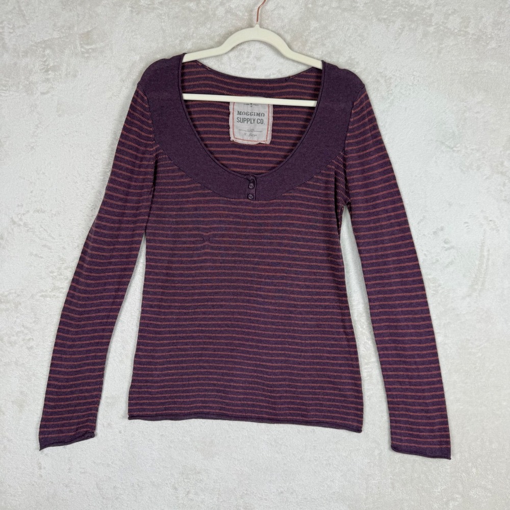 Vtg Mossimo Supply Co Y2K Purple Striped Long Sleeve Henley Scoop Neck Top Retro